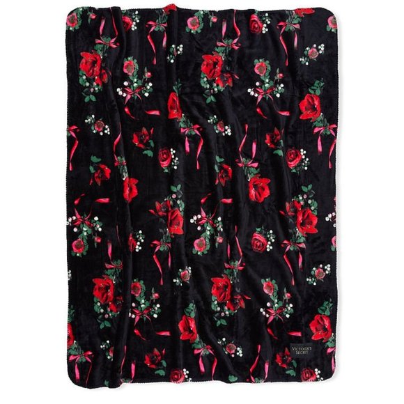 Victoria's Secret Other - VS Plush Fleece Sherpa Blanket Black with Red Flowers Floral LAST ONE! NWT